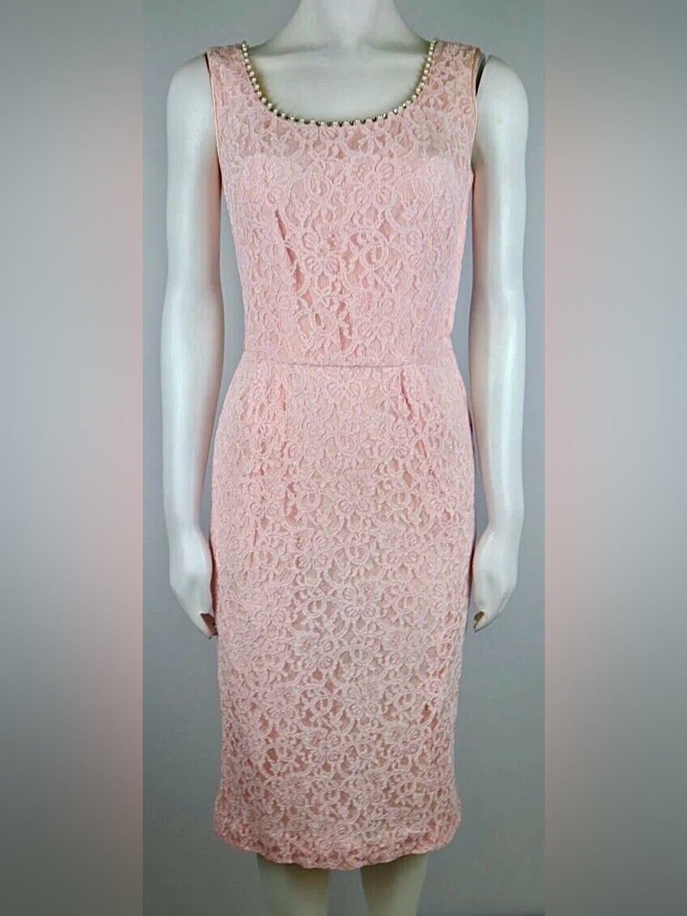 Vintage 1950s Sleeveless Light Pink Lace Wiggle Dress Pearl Rhinestone Trim XS